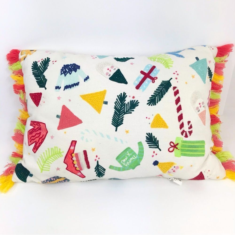Joann Colorful Tassel Holiday Themed Embroidered Christmas Accent Pillow